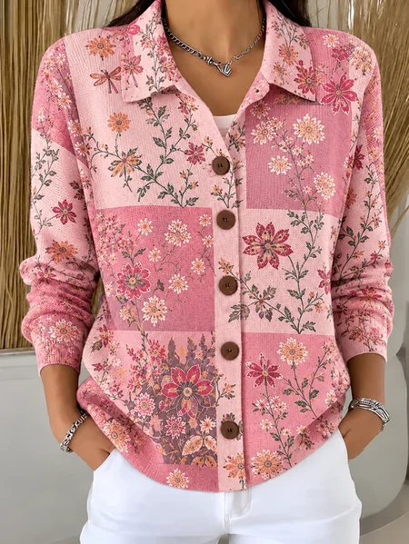 Women Cotton Floral Pattern Long Sleeve Comfy Casual Printing Cardigan