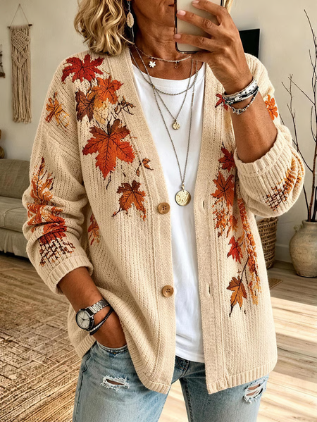 Women Spring/Fall Outerwear Casual Printing Maple Leaf Long Sleeve Jacket