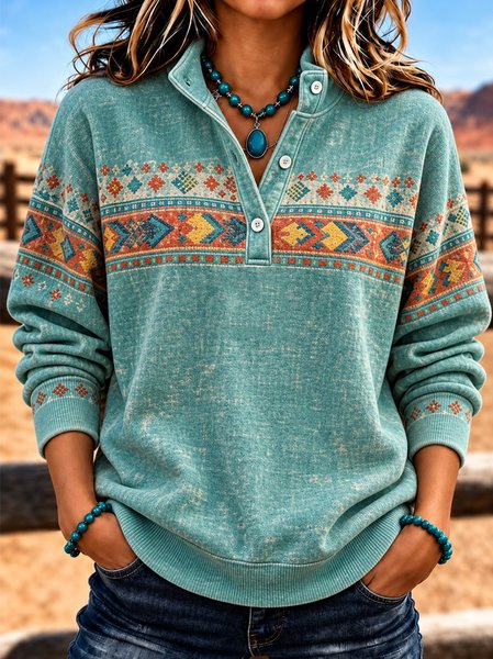 Women Ethnic Stand Collar Vintage Spring/Fall Long Sleeve Sweatshirt