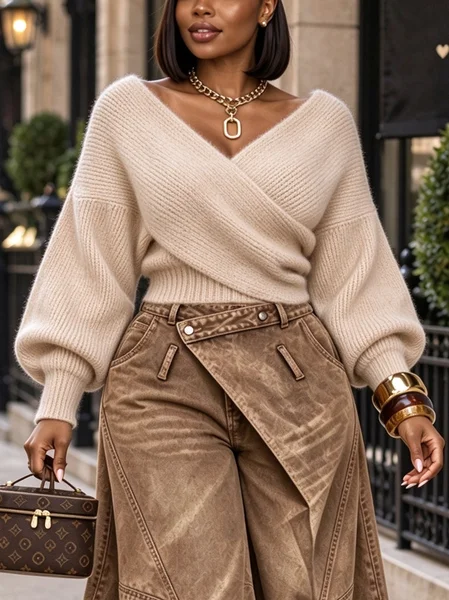 Casual Plain V Neck Balloon Sleeve Sweater