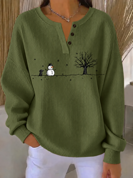 Casual Christmas Snowman Henley Collar Long Sleeve Sweatshirt
