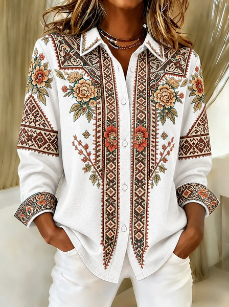 Women Ethnic Geometry Vintage Shirt Shirt Collar Long Sleeve Top