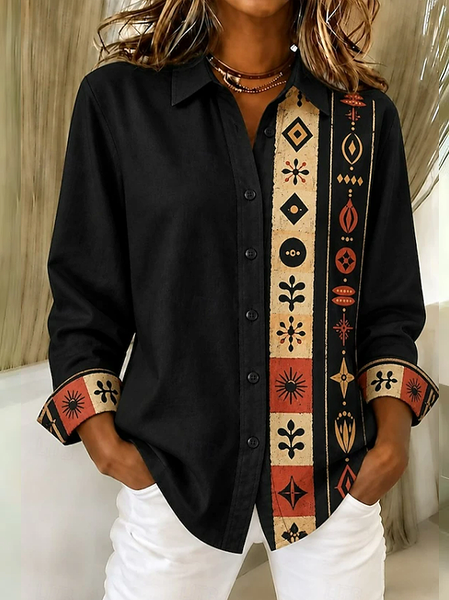 Women Ethnic Casual Shirt Shirt Collar Long Sleeve Buckle Top