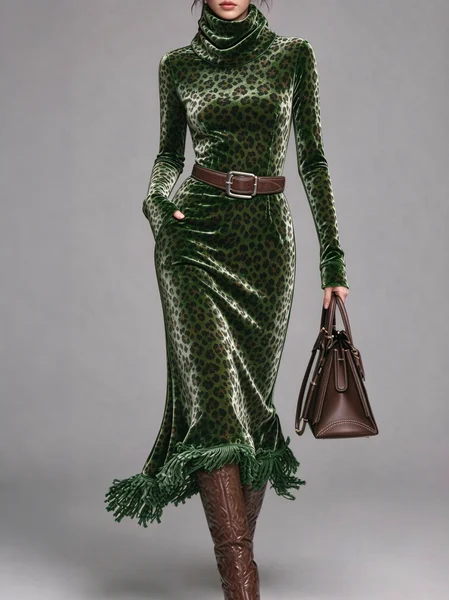 Elegant Leopard Tassel Turtleneck Midi Dress No Belt