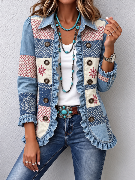 Women Spring/Fall Outerwear Vintage Printing Geometric Long Sleeve Shawl Collar Jacket
