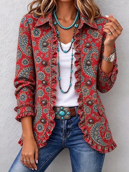Women Spring/Fall Outerwear Vintage Paisley Long Sleeve Shawl Collar Jacket