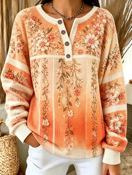 Women Floral Crew Neck Printing Casual Spring/Fall Long Sleeve Sweatshirt