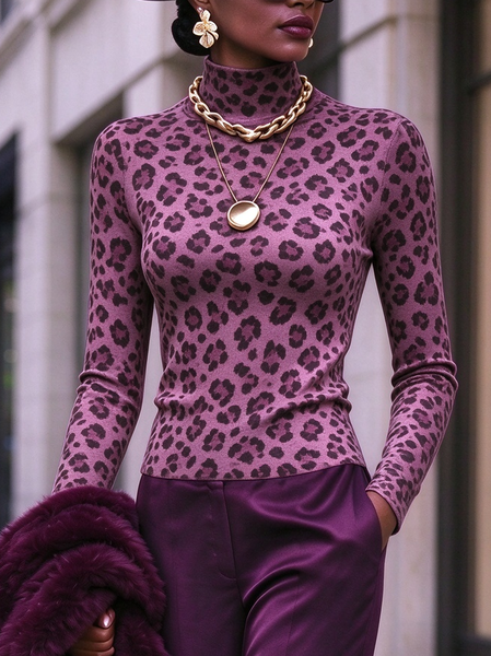 Urban Leopard Printing Turtleneck T-shirt
