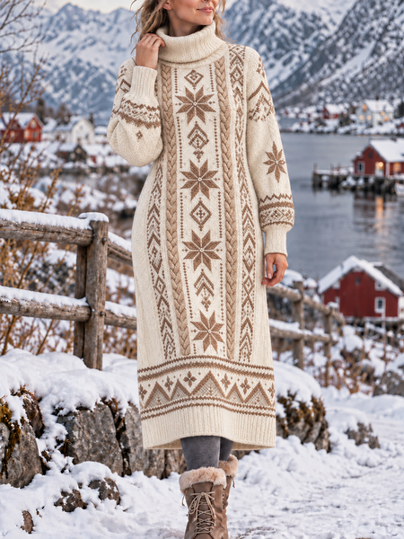 Women Geometric Spring/Fall Printing Dress Turtleneck Long Sleeve Shift Dress H-Line Dress