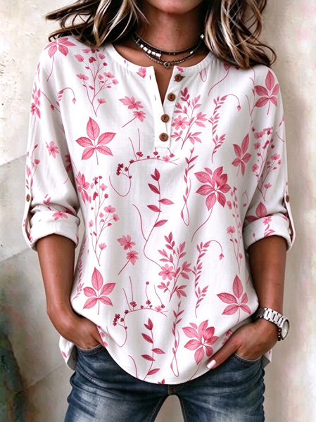 Women Floral Casual Blouse Henley Collar Long Sleeve Top