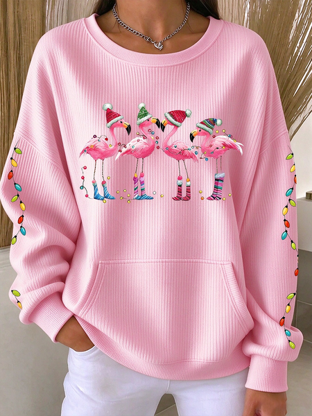 Casual Flamingo Crew Neck Long Sleeve Sweatshirt