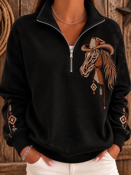 Vintage Horse Stand Collar Long Sleeve Sweatshirt