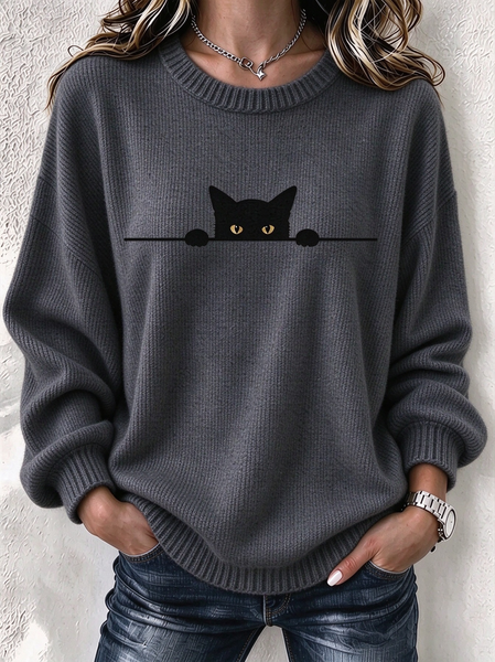 Women Cat Long Sleeve Comfy Vintage Printing Sweater
