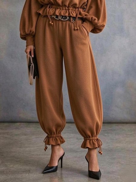 Casual Plain Drawstring Ankle Banded Pants No Belt