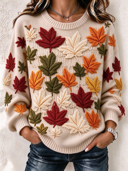 Women Maple Leaf Long Sleeve Comfy Vintage Printing Sweater