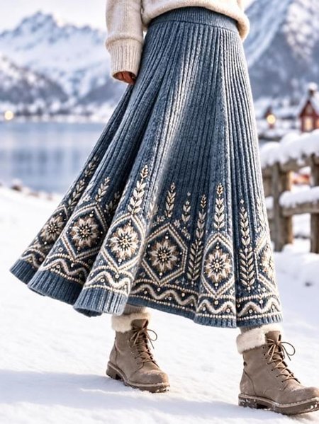 Casual Geometric A-Line Natural Printing Maxi Skirt