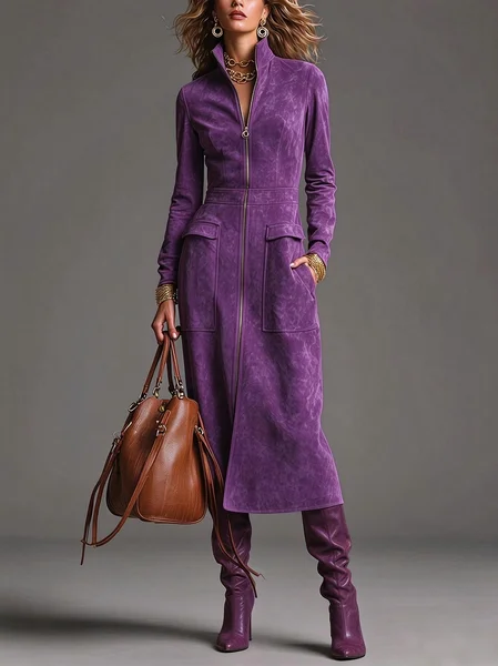 Urban Solid Suede Full Zip Stand Collar Long Sleeve Midi Dress