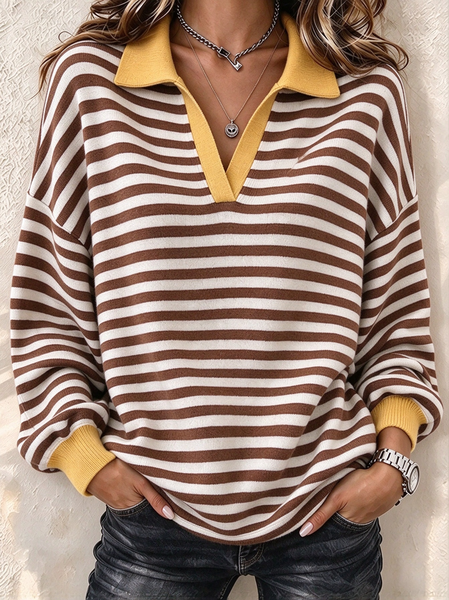 Casual Striped Shawl Collar Long Sleeve Sweatshirt