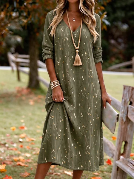 Women Floral Spring/Fall Dress V Neck Long Sleeve H-Line Dress