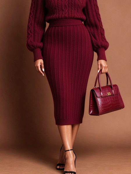 High Elasticity Casual Plain Midi Sweater Skirt