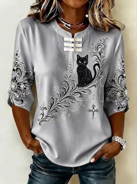Women Cat Vintage Blouse Mandarin Collar Half Sleeve Printing Top 1 Women Cat Vintage Blouse Mandarin Collar Half Sleeve Printing Top