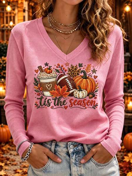 Casual Maple Leaf V Neck Long Sleeve T-shirt