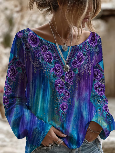 Casual Floral Crew Neck Long Sleeve T-shirt