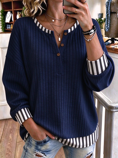Women Striped Henley Collar Casual Spring/Fall Long Sleeve Sweatshirt