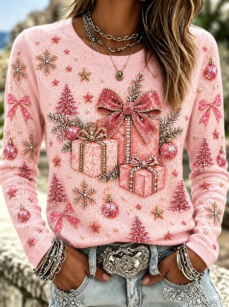 Casual Christmas Crew Neck Long Sleeve T-shirt