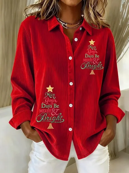 Women Christmas Tree Casual Shirt Shirt Collar Long Sleeve Top