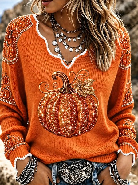 Vintage Pumpkin Pattern V Neck Long Sleeve T-shirt