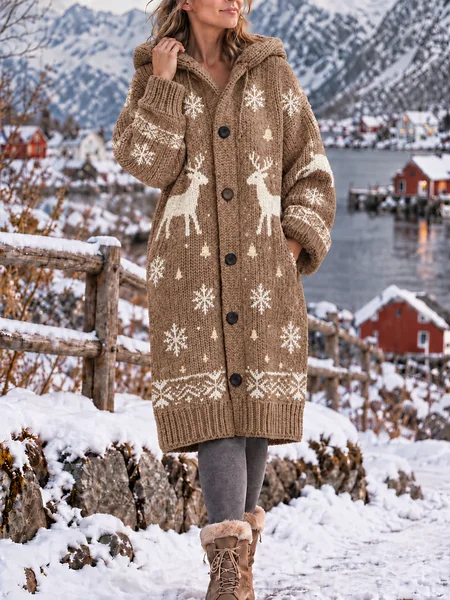 Women Wool/Knitting Christmas Long Sleeve Comfy Casual Buckle Cardigan