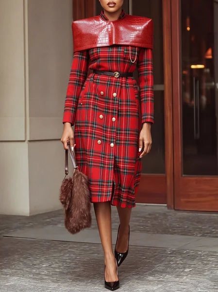 Urban Plaid Mock Neck Midi Dress With No Belt