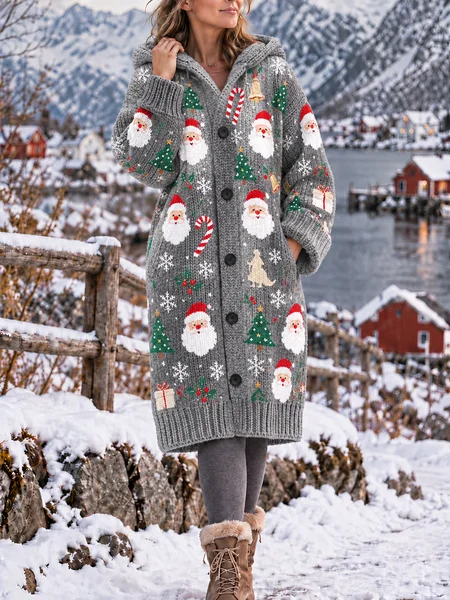 Women Wool/Knitting Santa Claus Long Sleeve Comfy Casual Buckle Cardigan