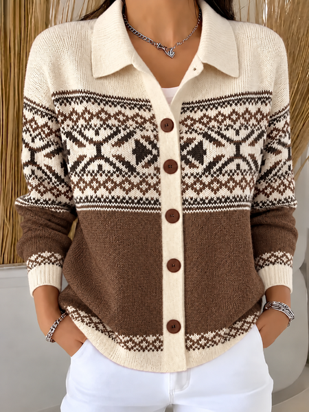 Elegant Color Block Regular Fit Shawl Collar Knit Top
