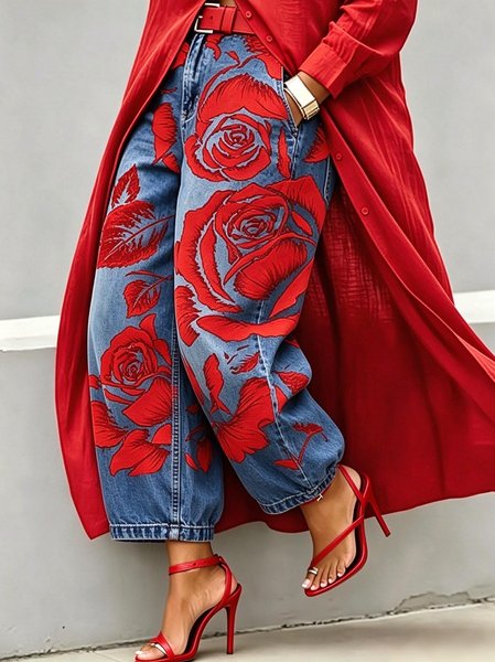 Casual Floral Print Wide Straight Denim Jeans With No Belt