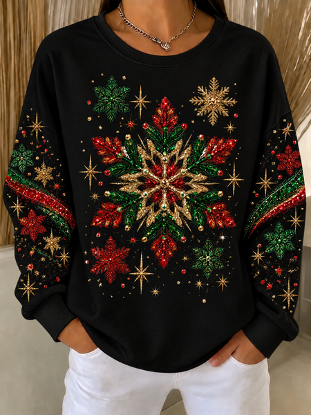 Women Snowflake Crew Neck Printing Casual Spring/Fall Long Sleeve Sweatshirt