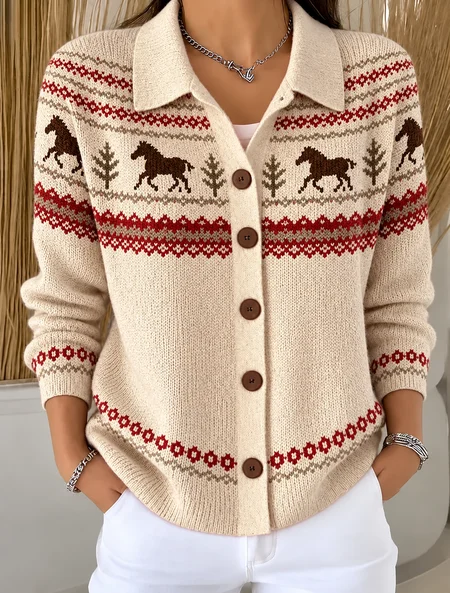 Regular Fit Shawl Collar Western Style Horse Knit Top Regular Fit Shawl Collar Western Style Horse Knit Top