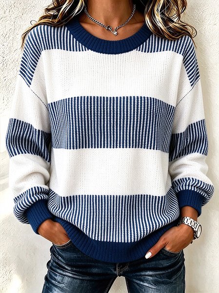 Women Striped Casual Long Sleeve Crew Neck Winter Sweater