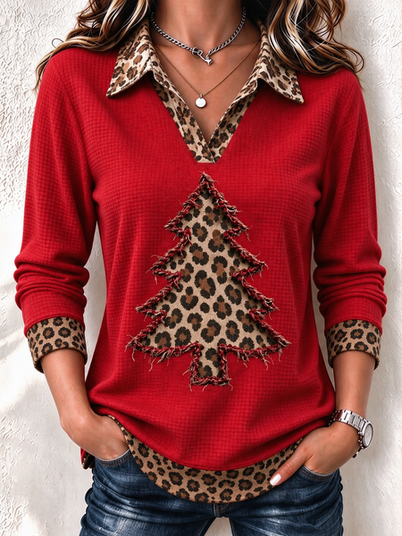 Women Leopard Shawl Collar Printing Vintage Spring/Fall Long Sleeve Sweatshirt