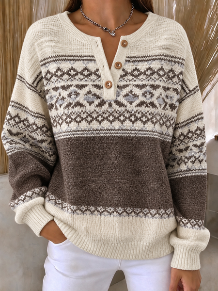 Casual Fair Isle Henley Collar Long Sleeve Sweatshirt