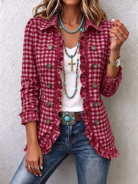 Women Spring/Fall Outerwear Vintage Printing Plaid Long Sleeve Shawl Collar Jacket