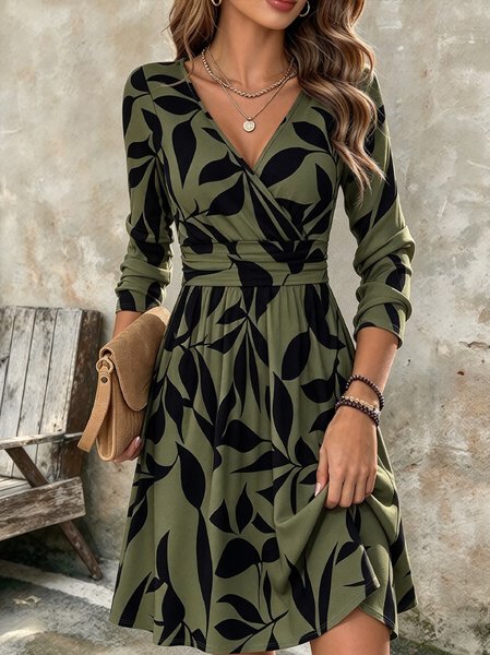 Women Floral Long Sleeve V Neck Dress Party Vintage Mini Fit & Flare Dress A-Line Spring/Fall Dress