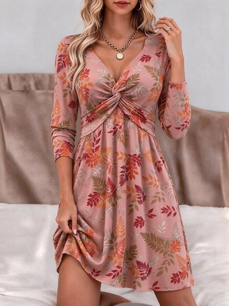 Women Leaf Spring/Fall Dress V Neck Long Sleeve Fit & Flare Dress A-Line Dress