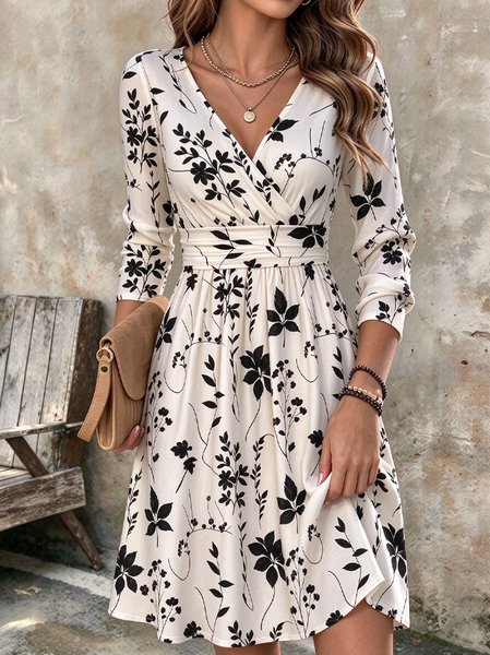 Women Floral Long Sleeve V Neck Dress Party Casual Mini Fit & Flare Dress A-Line Spring/Fall Dress