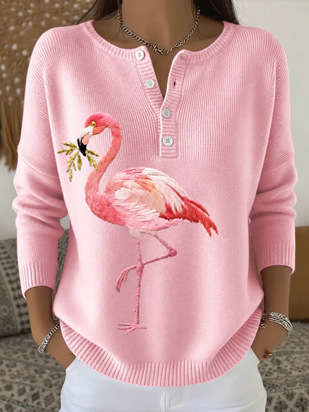 Women Flamingo Vintage Blouse Halter Neck Long Sleeve Top