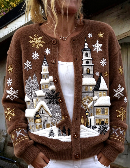Women Christmas Long Sleeve Stand Collar Casual Spring/Fall Cardigan Outerwear