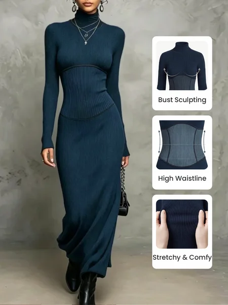 Casual Plain Turtleneck Sweater Maxi Dress