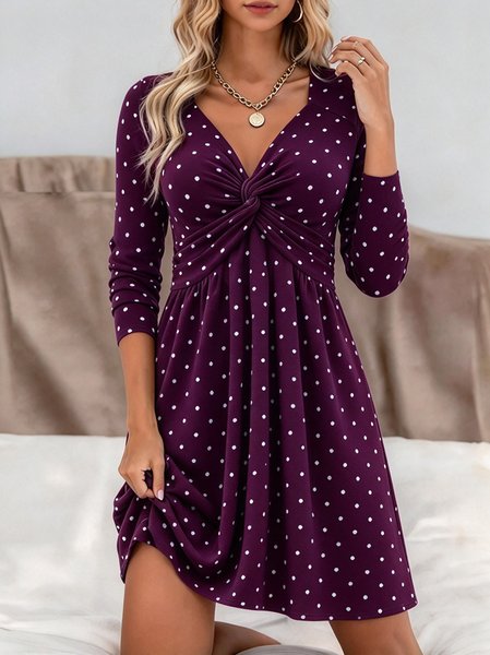 Women Polka Dots Long Sleeve V Neck Dress Party Casual Mini Fit & Flare Dress A-Line Spring/Fall Dress
