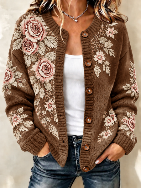 Women Floral Printing Long Sleeve Crew Neck Casual Spring/Fall Cardigan Outerwear